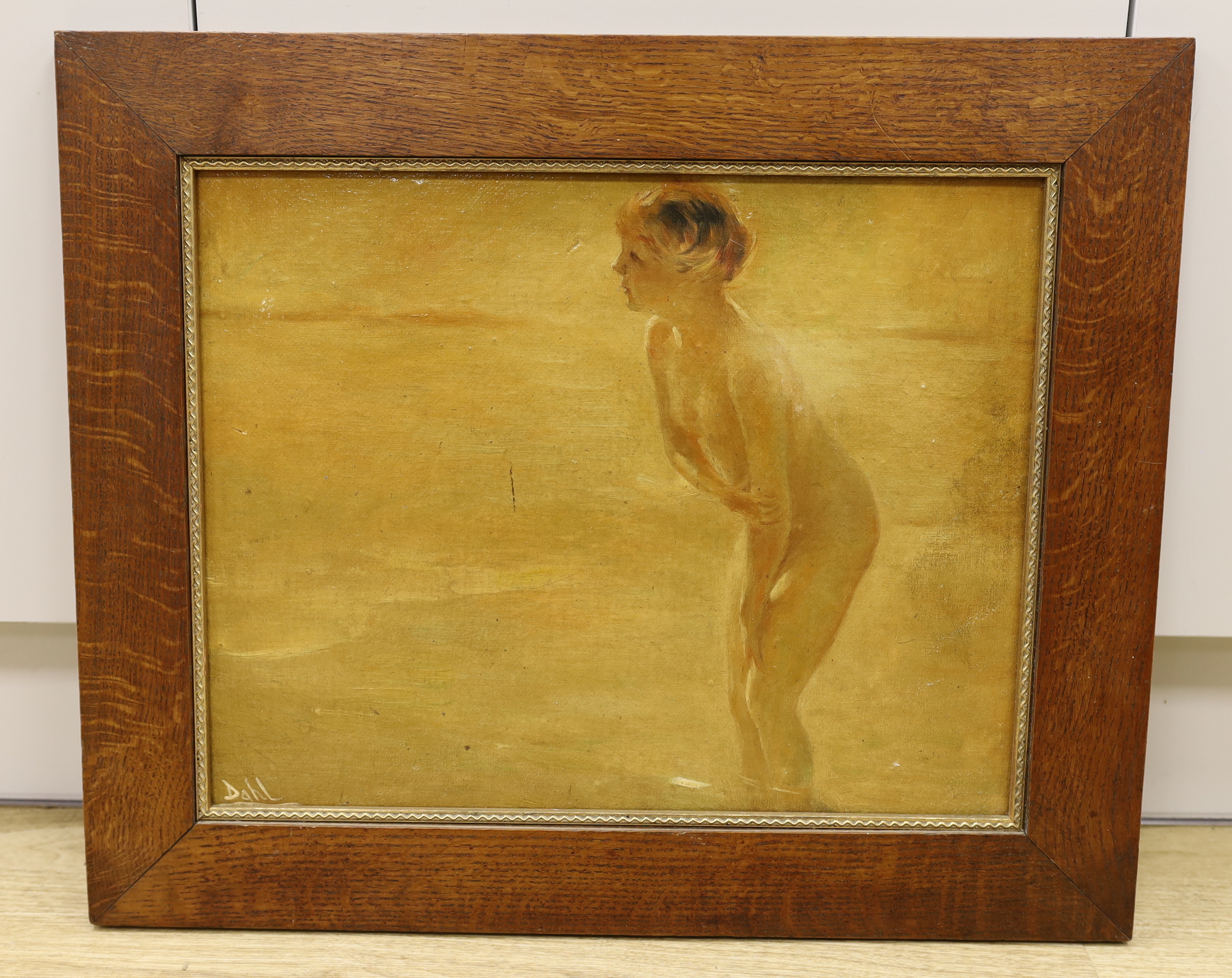 Dahl, oil on canvas board, Nude bather, signed, inscribed verso H.H Dahl, 36 x 46cm